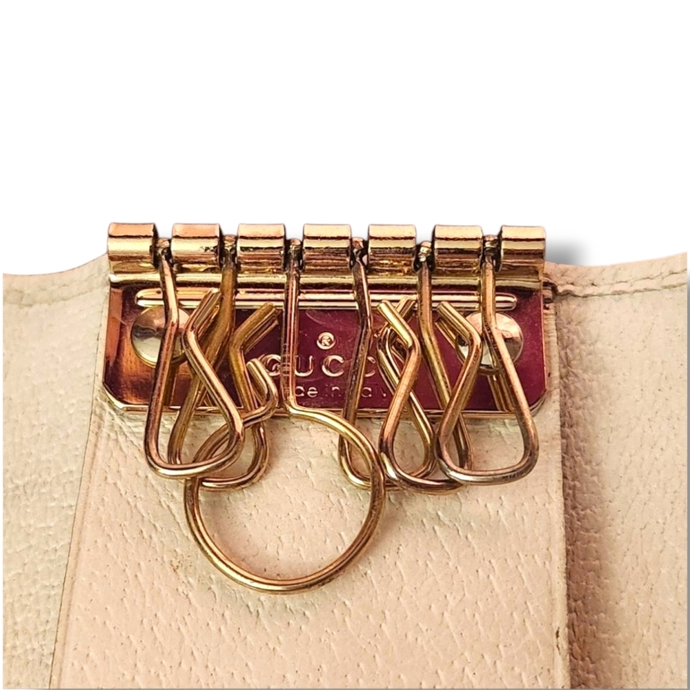 Gucci Signature GG Monogram Sherry Line Cream Red Pink Webbing 6 Key Card Holder - Picture 11 of 14